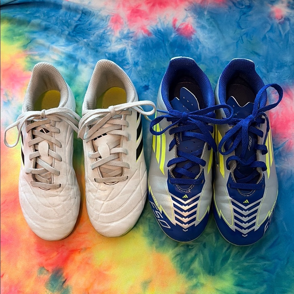 Adidas Soccer Cleats - size 1 (white) & size 2 (blue)